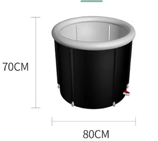 Black portable PVC ice bath measuring 70x80cm with all-weather lid and accessories for cold water therapy