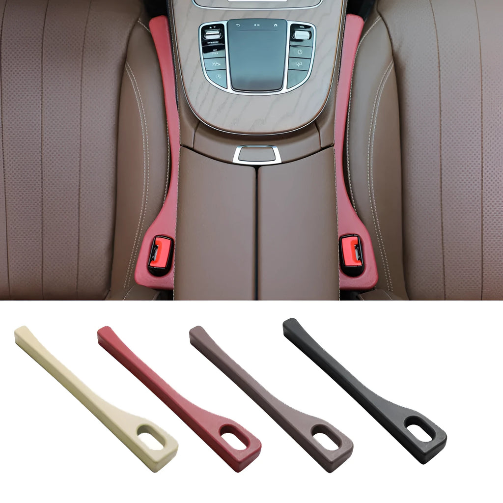 Car seat gap filler strip in polyurethane material shown installed between vehicle seat and centre console
