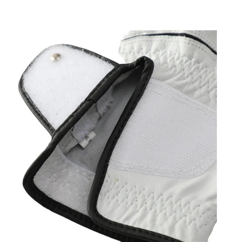 Men's white golf glove with half sheepskin palm showing non-slip texture