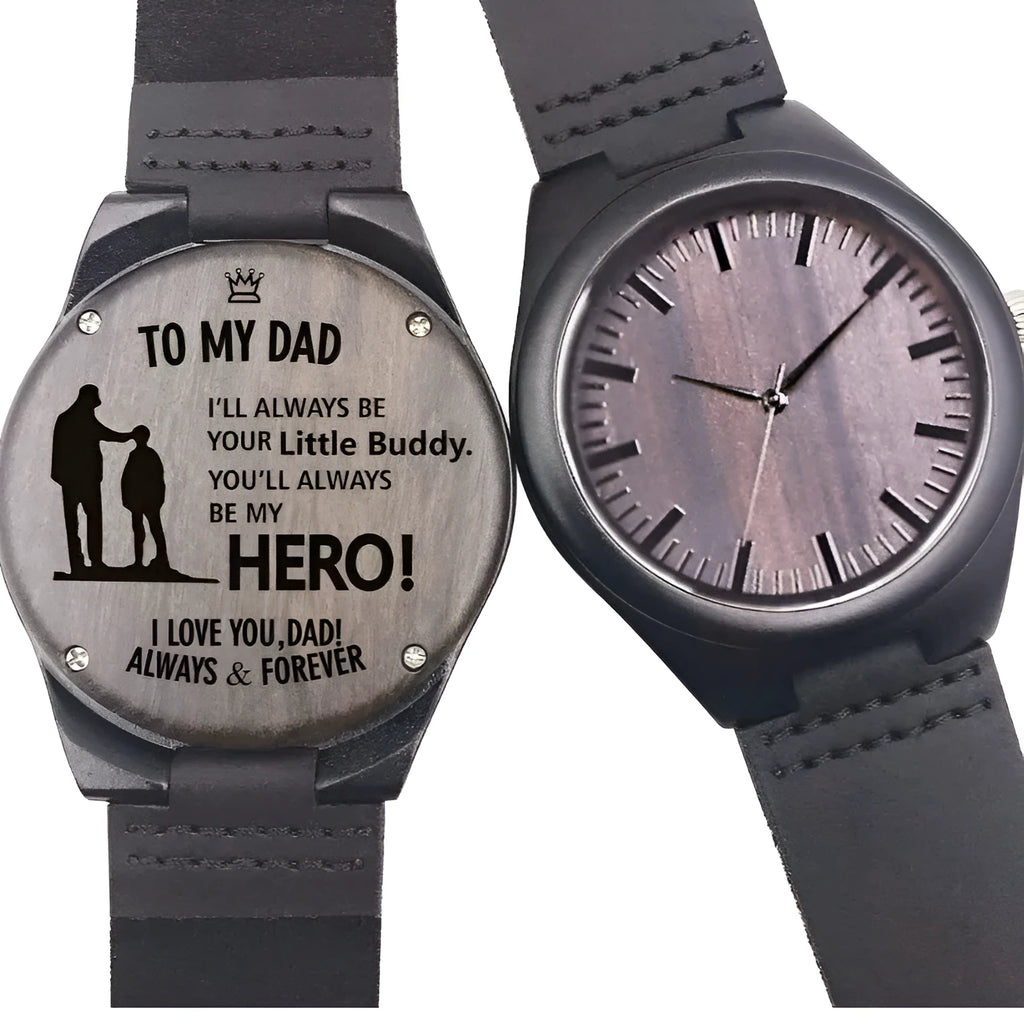Custom wooden watch with ebony case, brown leather strap, and printed dial showing a logo