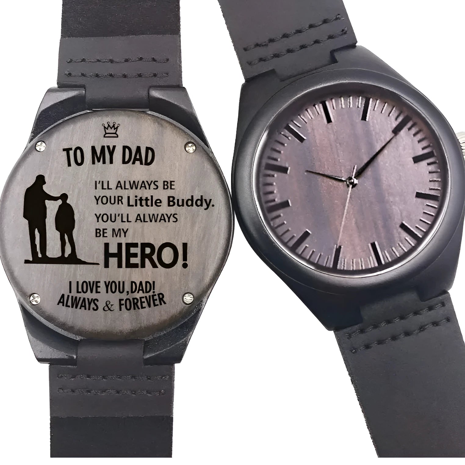 Custom wooden watch with ebony case, brown leather strap, and printed dial showing a logo