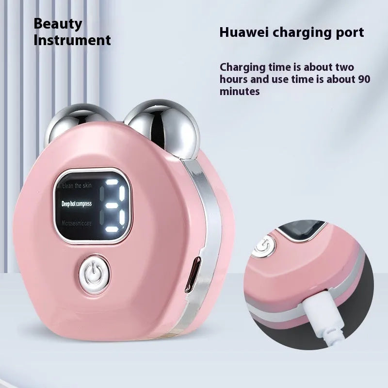 Portable facial massage instrument with hot compress and micro current dual roller in white colour