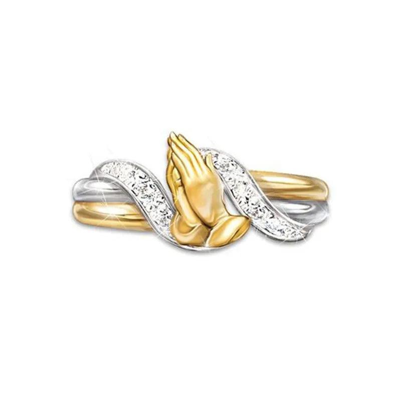 14K gold electroplated prayer hands ring for women, geometric design, alloy with artificial gem inlay, 4 grams, gold finish