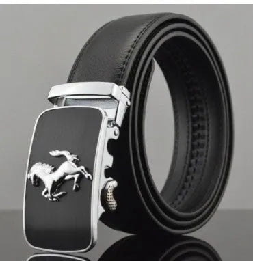 Men's black leather belt with automatic buckle measuring 3.5 cm wide