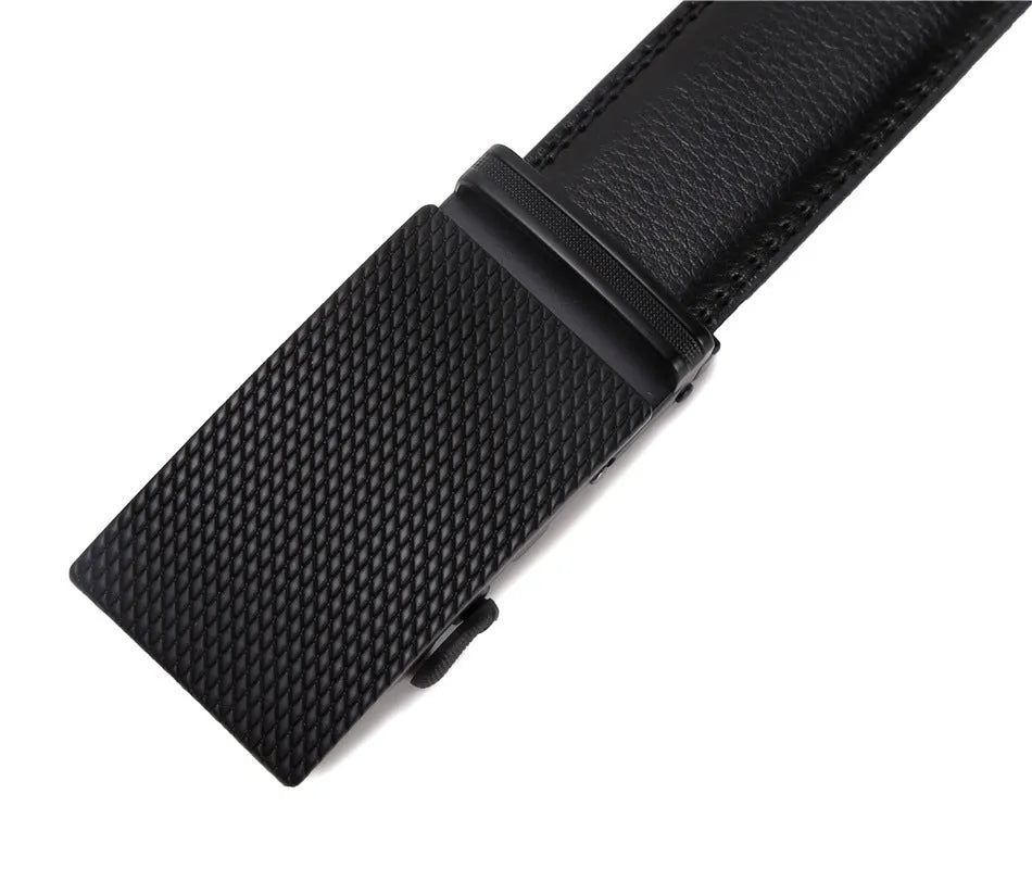 Men's automatic buckle belt in black artificial leather with silver alloy rectangular buckle on white background