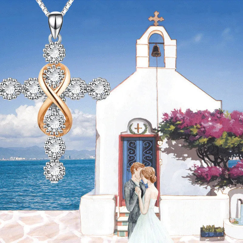 Women's alloy cross and number 8 pendant necklace on adjustable box chain