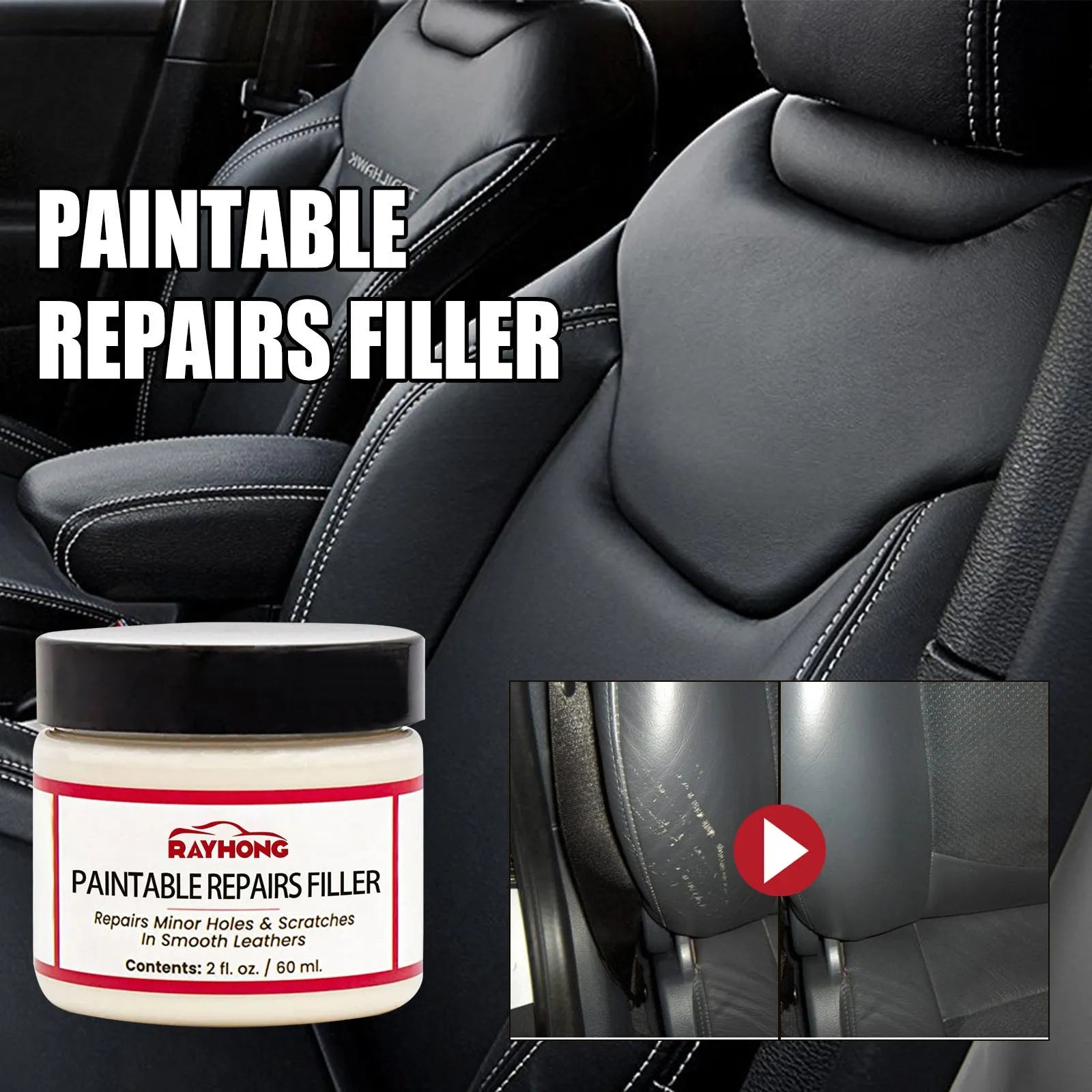 60ml tube of leather repair paste for car seats and sofas measuring 5cm by 4.4cm