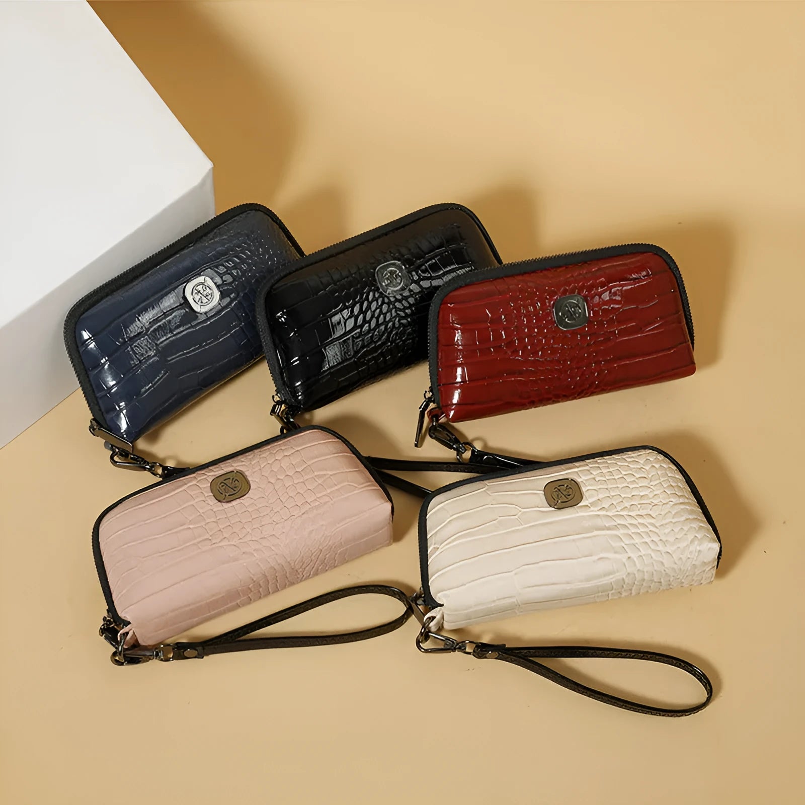 Hand-held rectangular PU mobile phone bag with crystal bamboo pattern in black, shown open to reveal inner pockets.