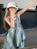 Women's French-style ink blue tie-dye slip dress with high waist and sling style, sizes S to XL