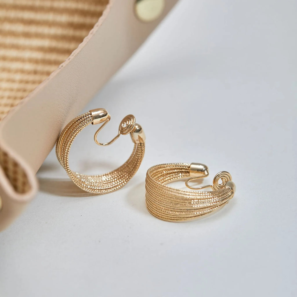 Geometric copper bracelet earrings with gold and silver electroplating options including stud and clip styles