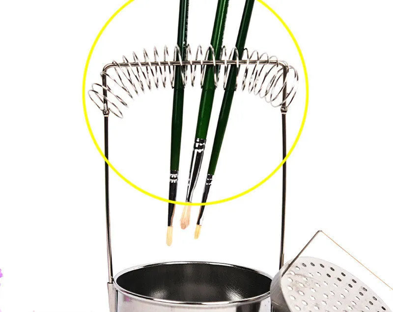 Silver stainless steel oil painting pen washer with spring brush clamp and leak-proof plug for brush cleaning