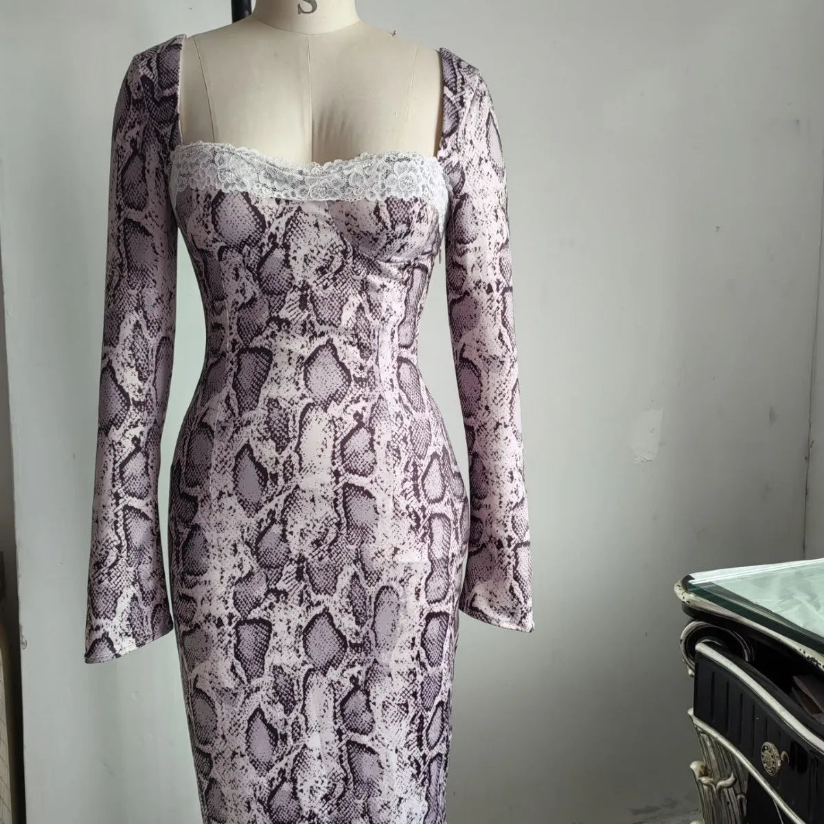 Grey digital printed lace dress with 3D pattern, A-line skirt, and long sleeves