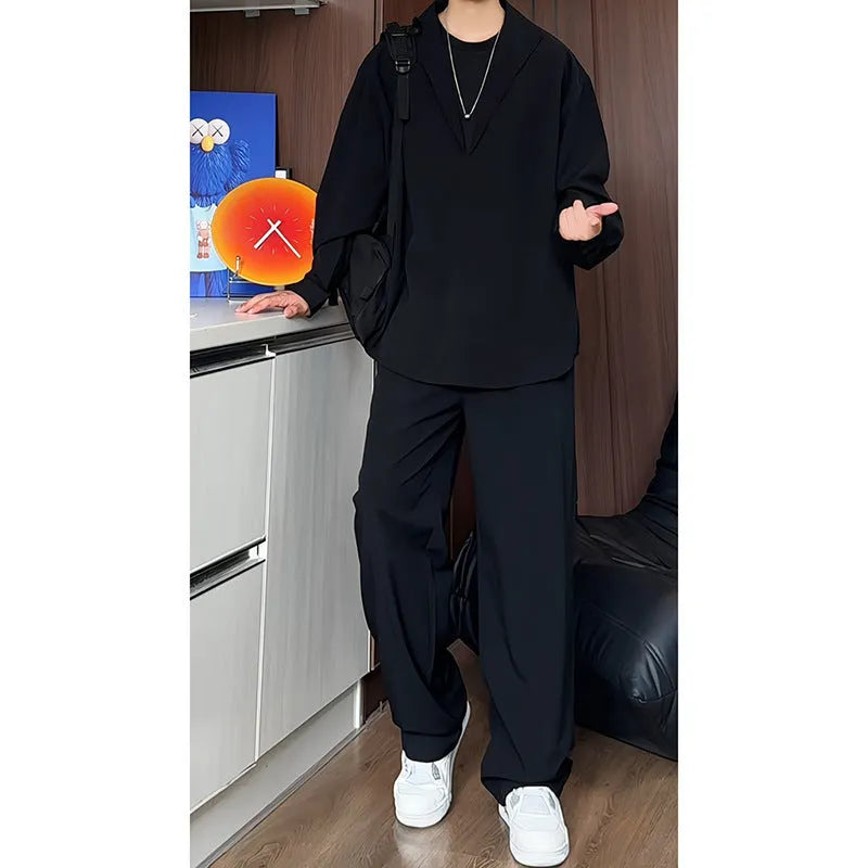 Men's black casual two-piece set with long sleeve polo shirt and matching trousers in slim fit design