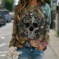 Black long sleeve sweatshirt with skull print design showing front graphic detail