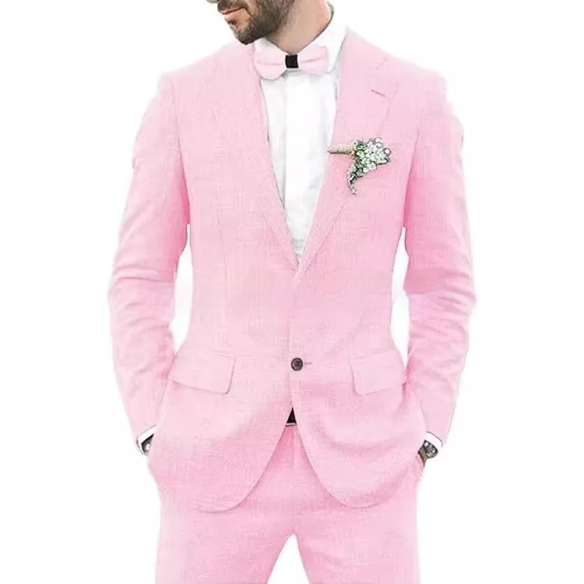 Men's slim fit wedding suit with hemp blend linen fabric in light business styling