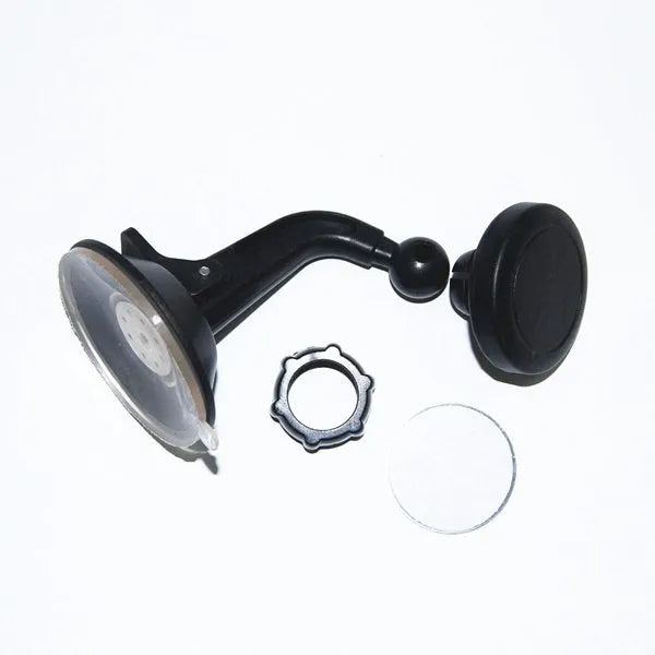 Black magnetic car phone holder with 360-degree rotating bracket mounted on a car dashboard.