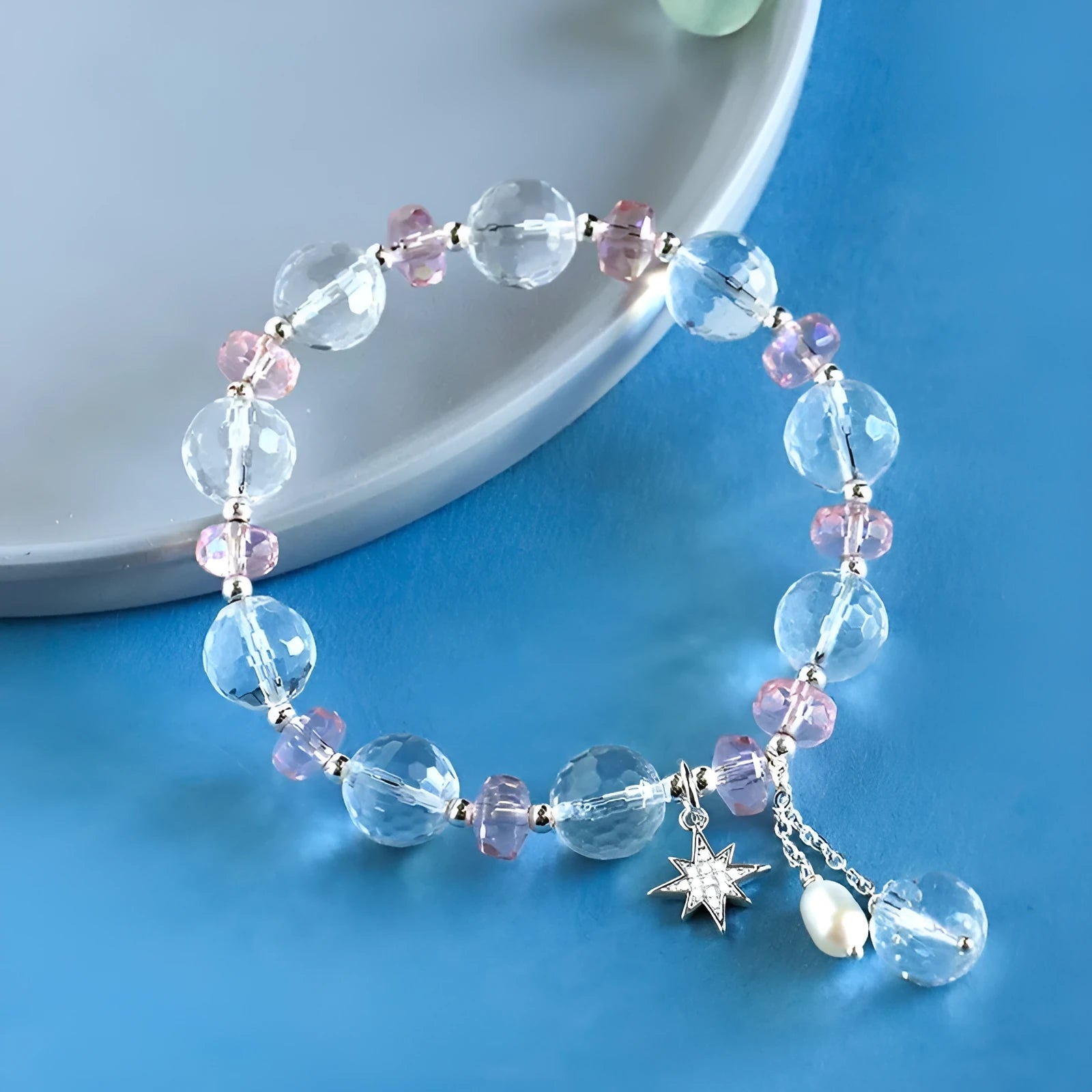 Women's white crystal bracelet with lucky cat charm and diamond design elements