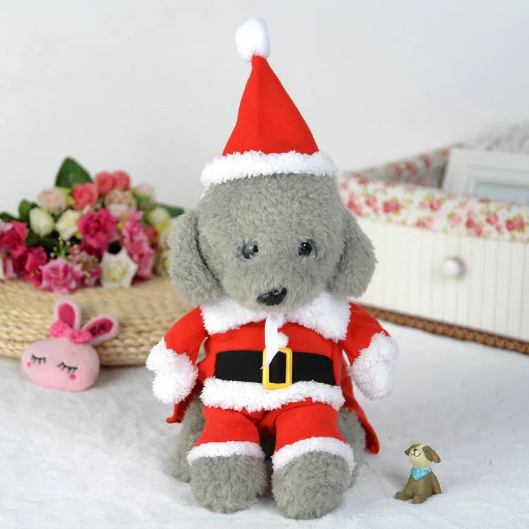 Red polar fleece Santa Claus costume for a small dog standing on a festive background.