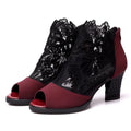 Lucyever women's black lace gladiator sandals with square high heel and zip closure.