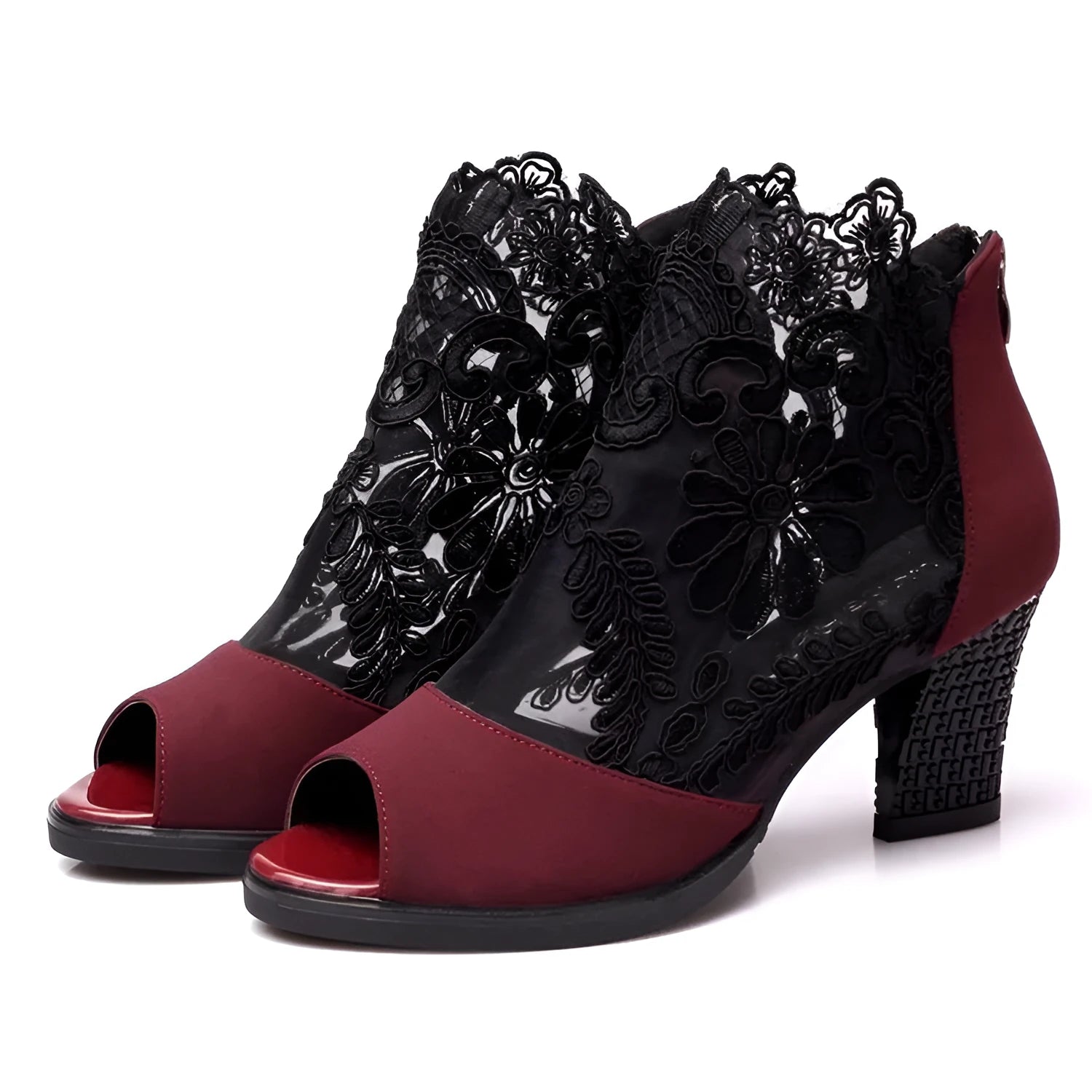 Lucyever women's black lace gladiator sandals with square high heel and zip closure.
