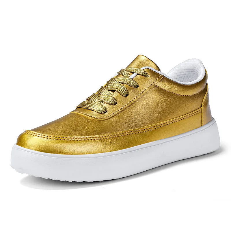 Women's leather flat casual shoes with lace-up front in white, silver, or gold colour options