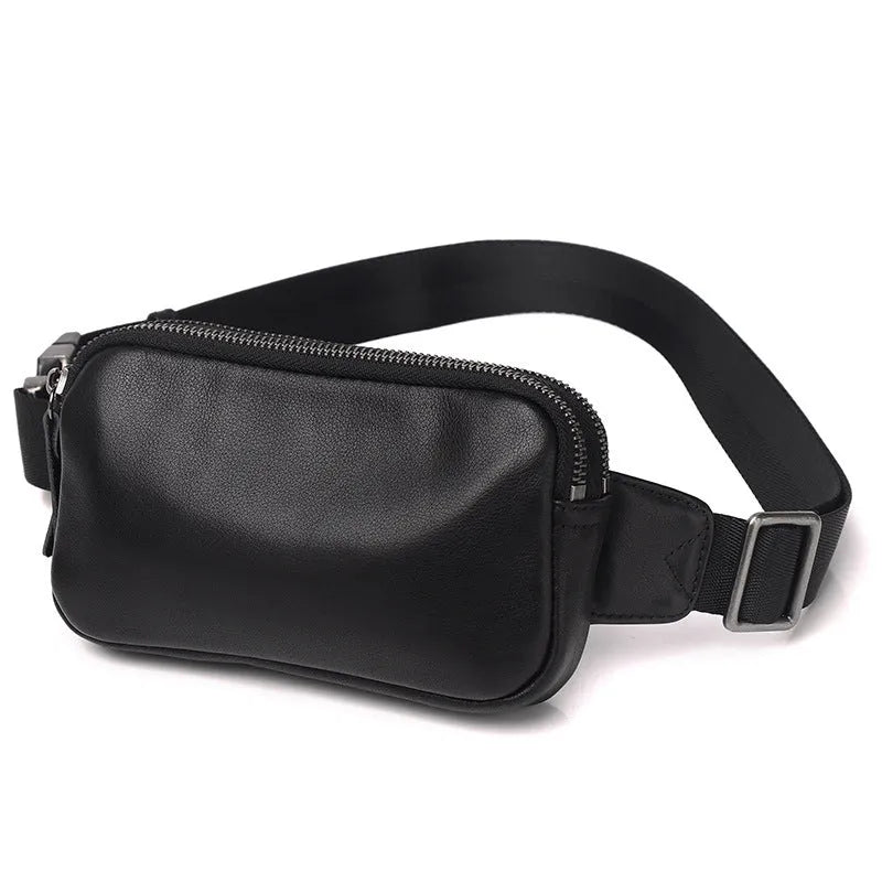 Men's small black cowhide crossbody bag showing front view with dimensions