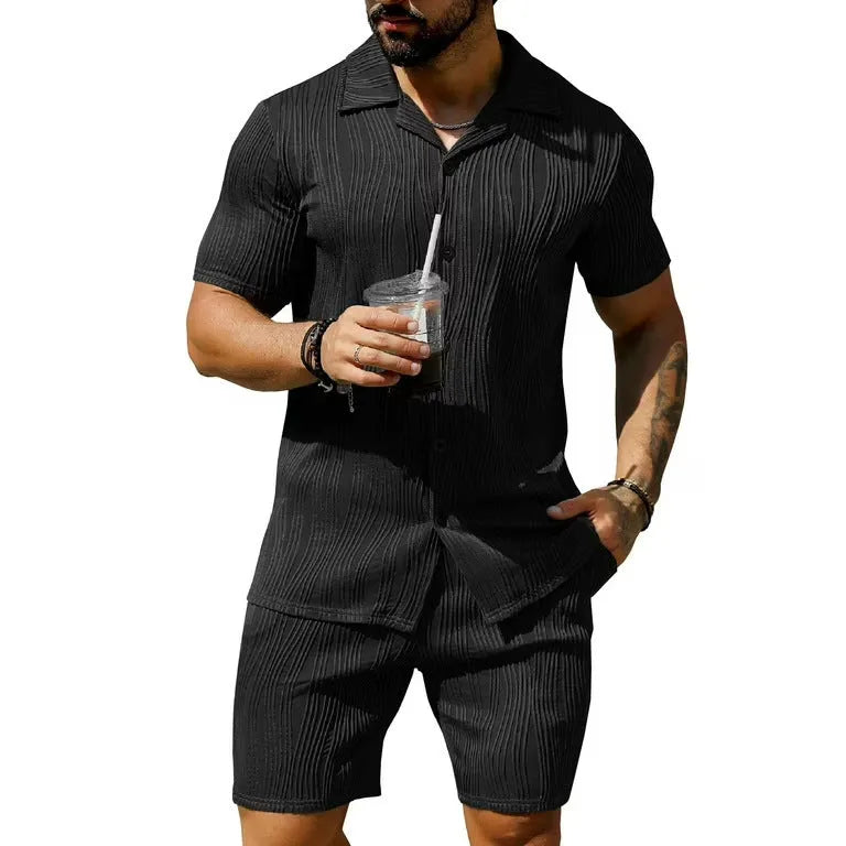 Men's black wave pattern shorts suit set with short sleeve shirt and matching shorts on hanger