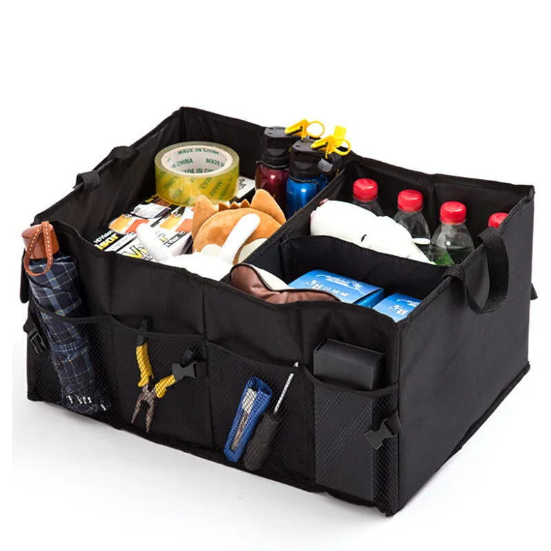 Black foldable car storage organiser in non-woven material, 40cm x 26cm folded size, for packages and shopping