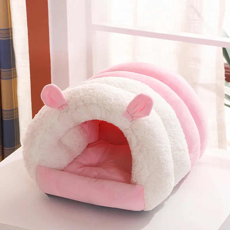 Closed washable cat nest with removable cushion in blue, pink, or purple colour