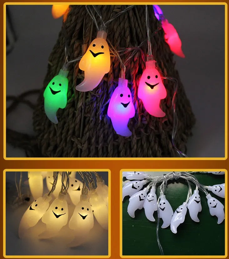 Halloween LED string lights with pumpkin, bat, and ghost pendants on a white wire