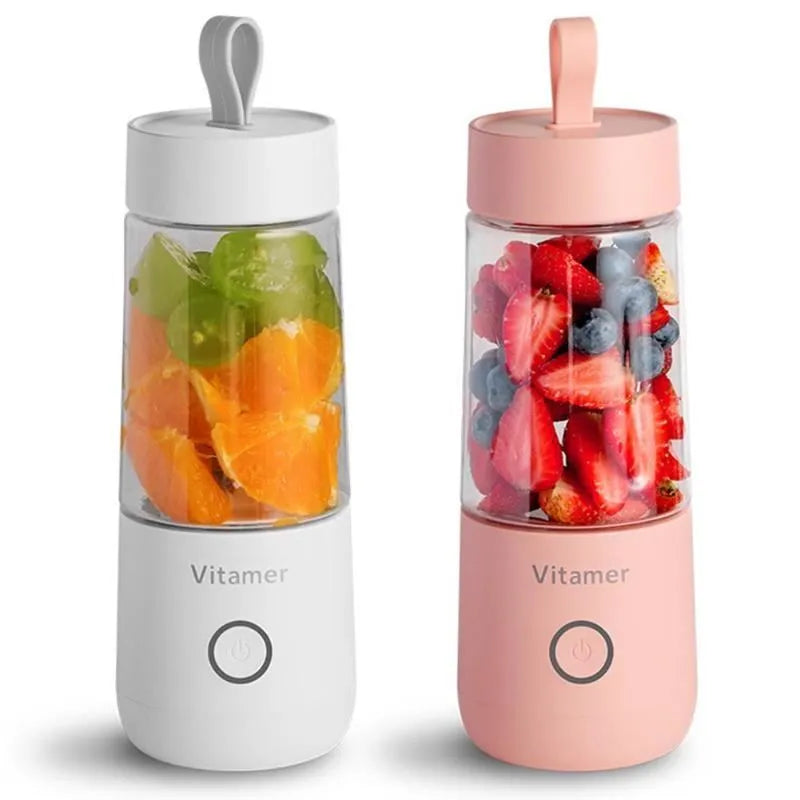 White USB rechargeable portable blender bottle with silicone carry ring, 350ml capacity.