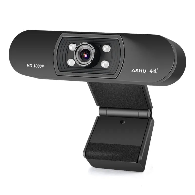 Black HD webcam with built-in microphone and glass lens on a laptop screen