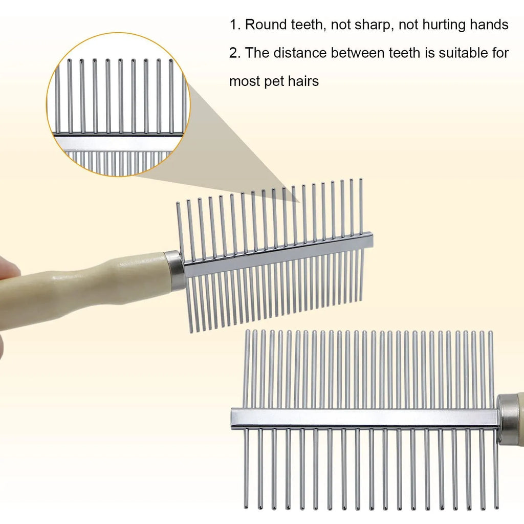 Wooden handle pet grooming comb for dogs and cats showing rounded teeth