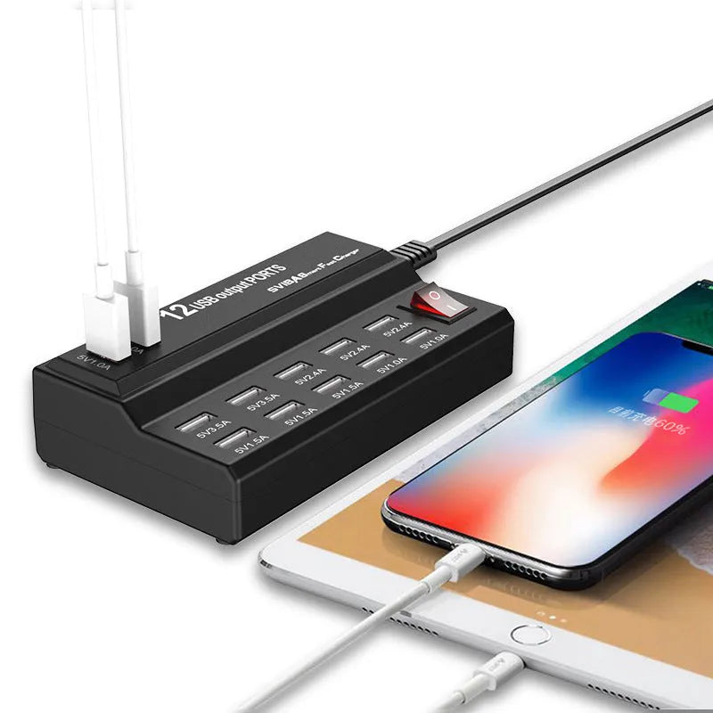 12 port USB fast charger with ABS+PC fireproof casing, model YCYD-A19, compact size 13.5x8.5x3.5cm