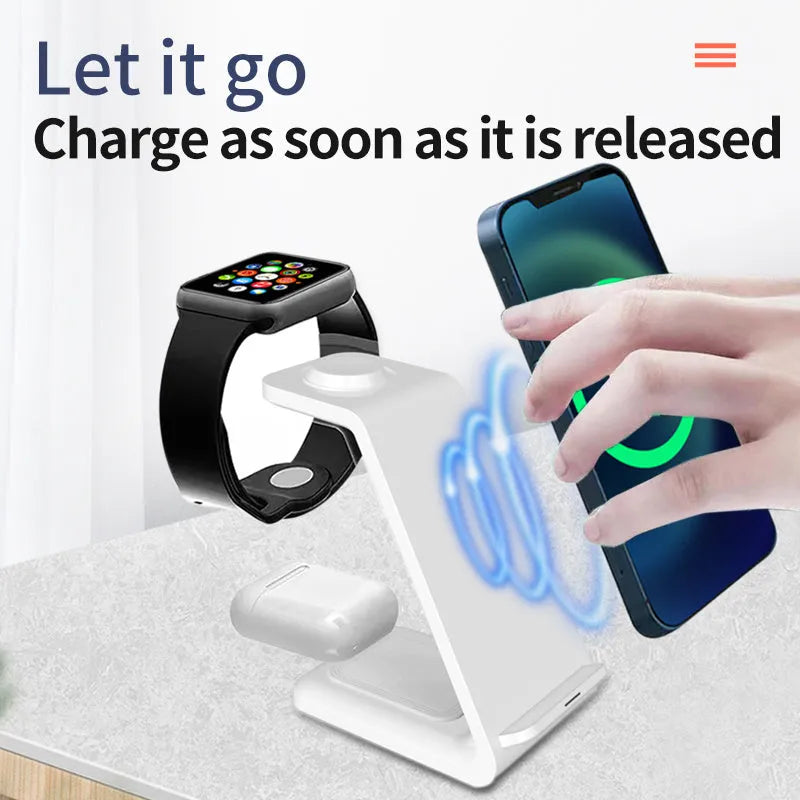 White 3-in-1 upright wireless charging stand holding a mobile phone, with a Type-C cable.