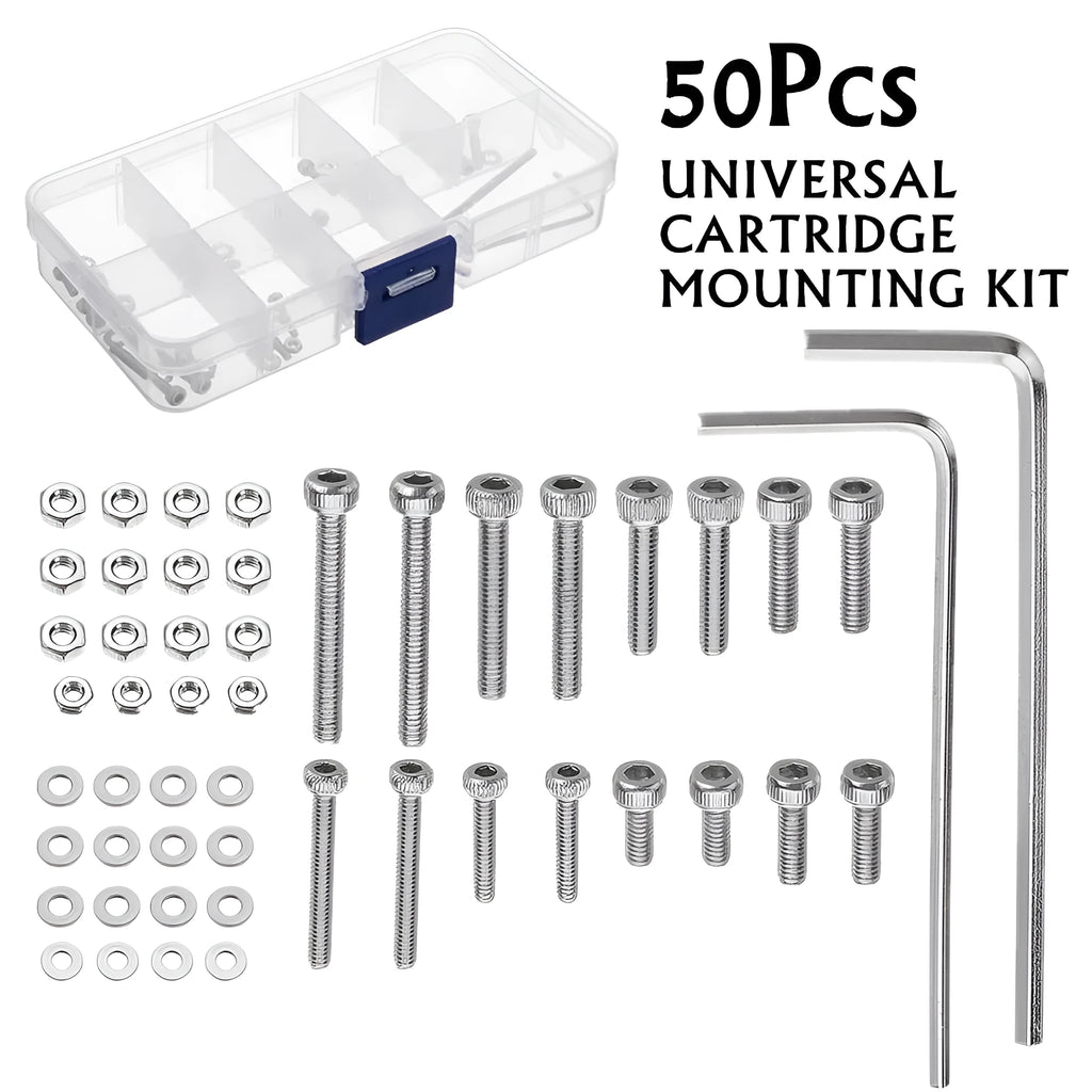 Stainless steel phono cartridge mounting screw set with allen bolts, nuts, washers, and two allen keys on a grey background