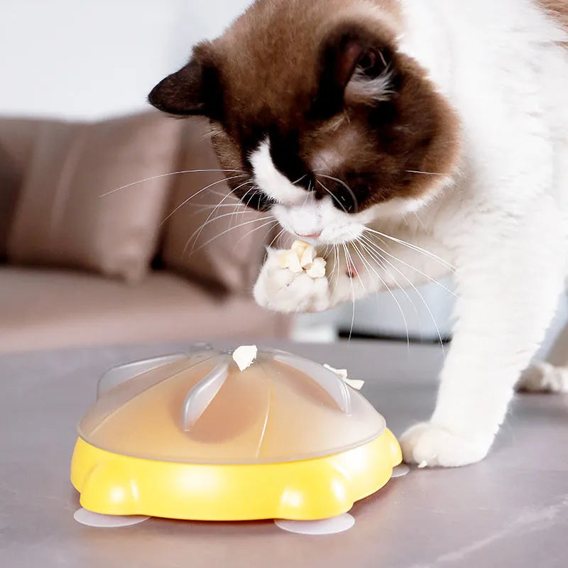 Yellow cat snack bowl with separate compartments and non-slip base pet toy