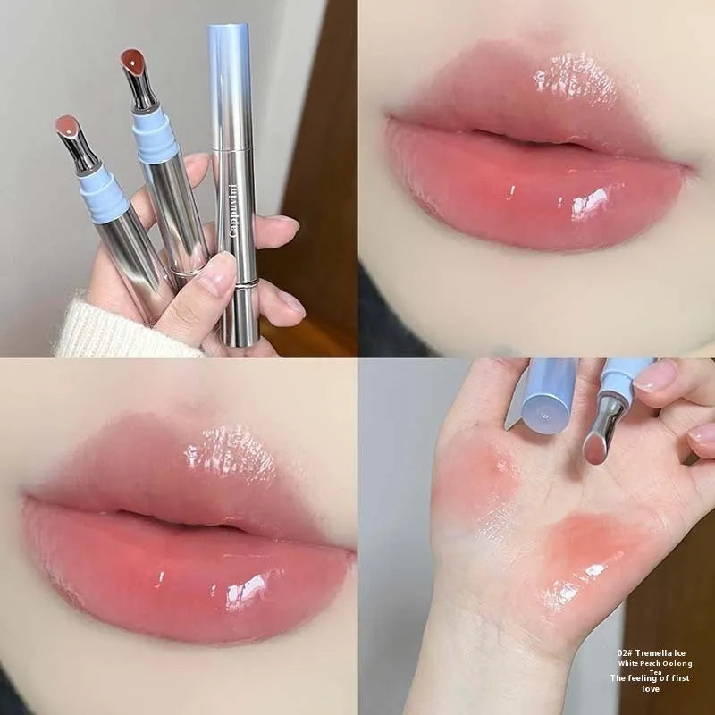 Mirror Water Light Lip Gloss in six ice shade variants including almond, silver, pear, raspberry, peach gum, and pomegranate.