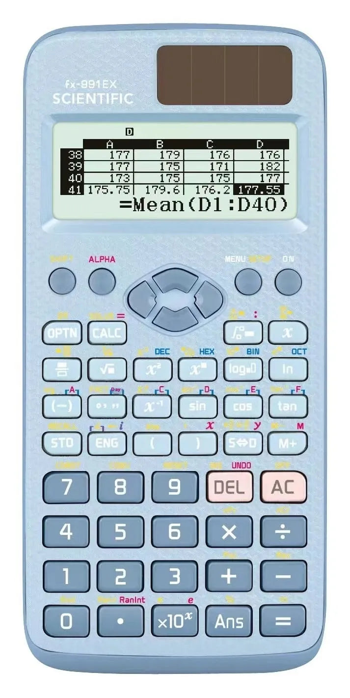 CASIO fx-991EX scientific calculator in black, blue, or pink with solar panel and dot matrix display