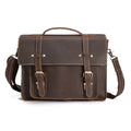Men's dark brown first layer crazy horse leather handbag with shoulder strap and top handle, 36cm x 9cm x 27cm