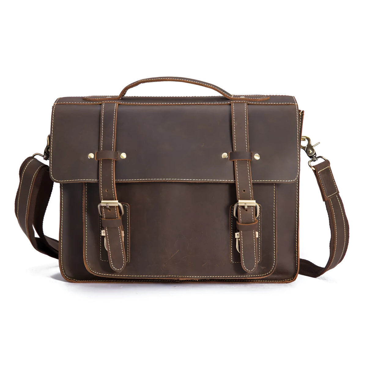 Men's dark brown first layer crazy horse leather handbag with shoulder strap and top handle, 36cm x 9cm x 27cm