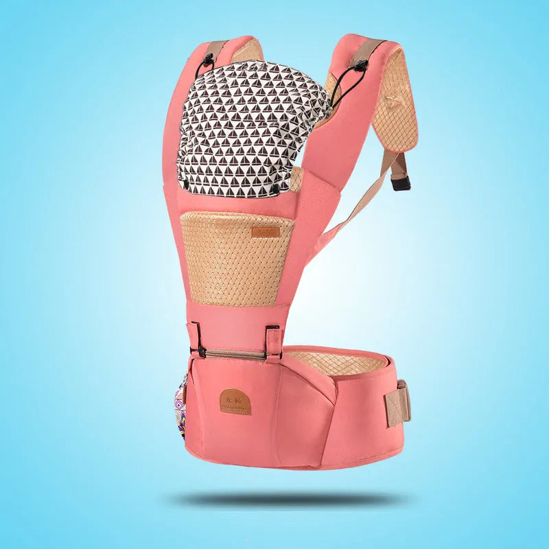 Multifunctional shoulder baby carrier in brick red colour showing sling design and shoulder straps