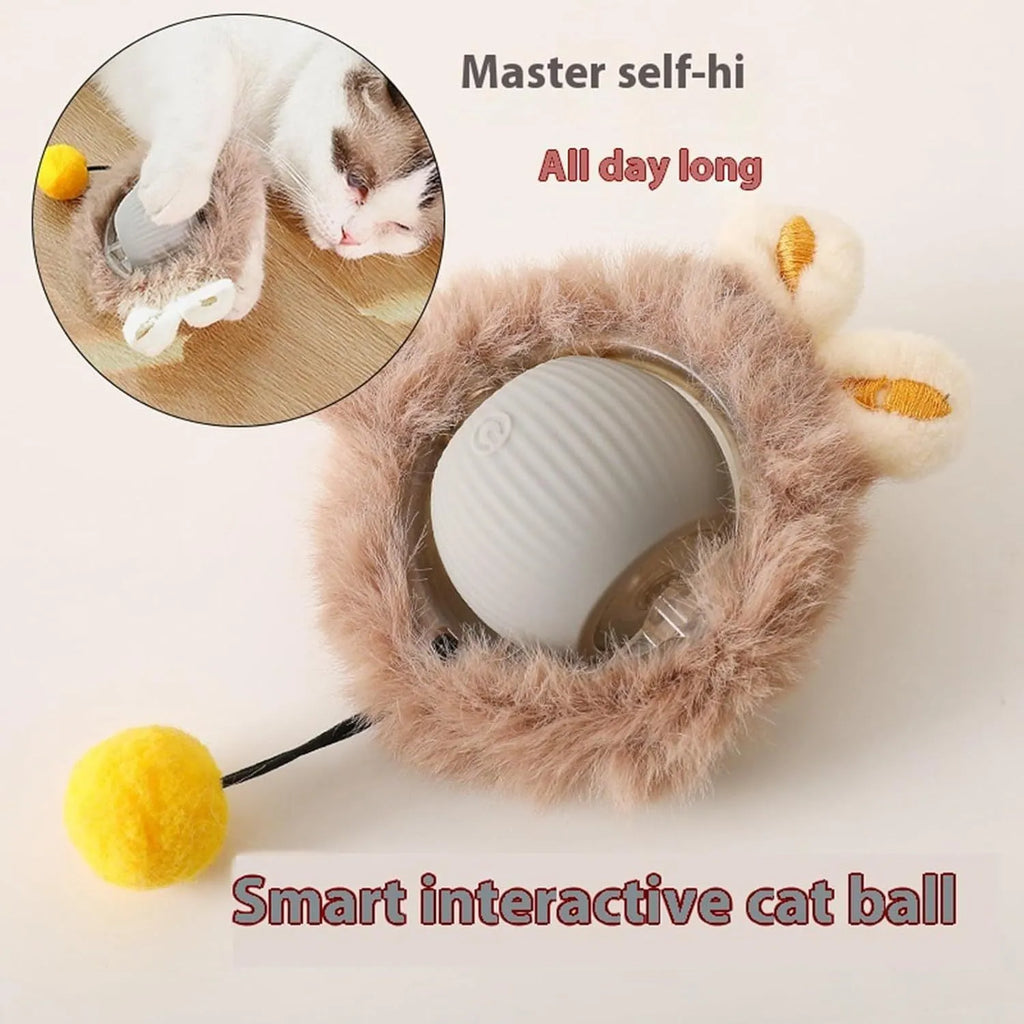 Automatic rotating pet ball toy in grey, green, or red with attached string for interactive cat and dog play