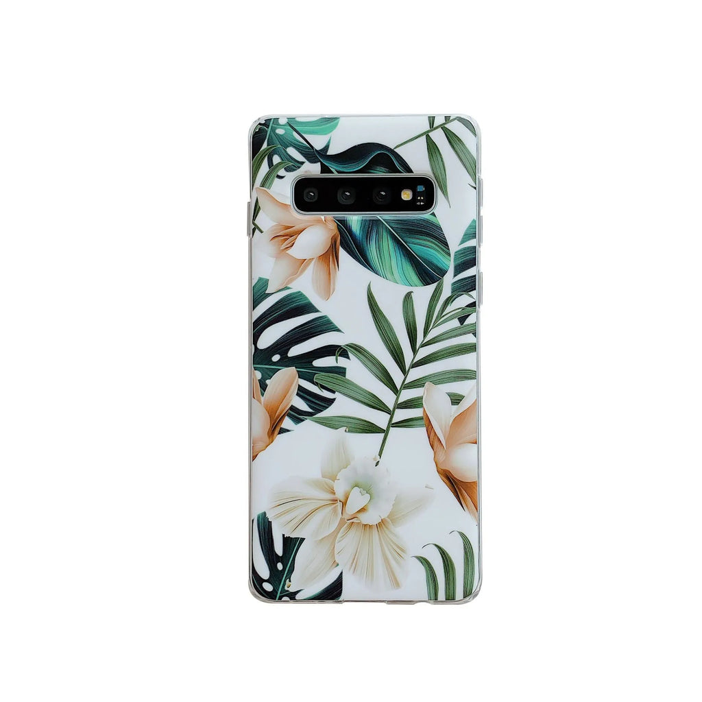 Samsung phone case with green leaf flower design on TPU back cover for Galaxy S10 S20 A51 Note10 models