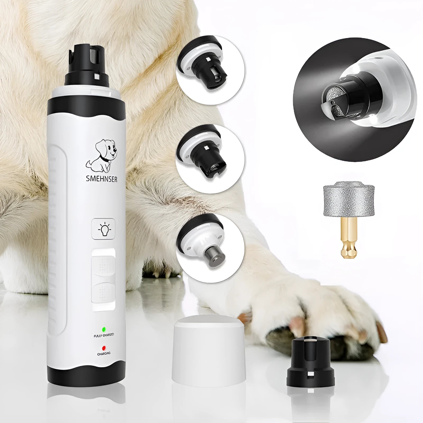 Electric dog nail trimmer device with LED display showing speed settings and automatic piercing function.