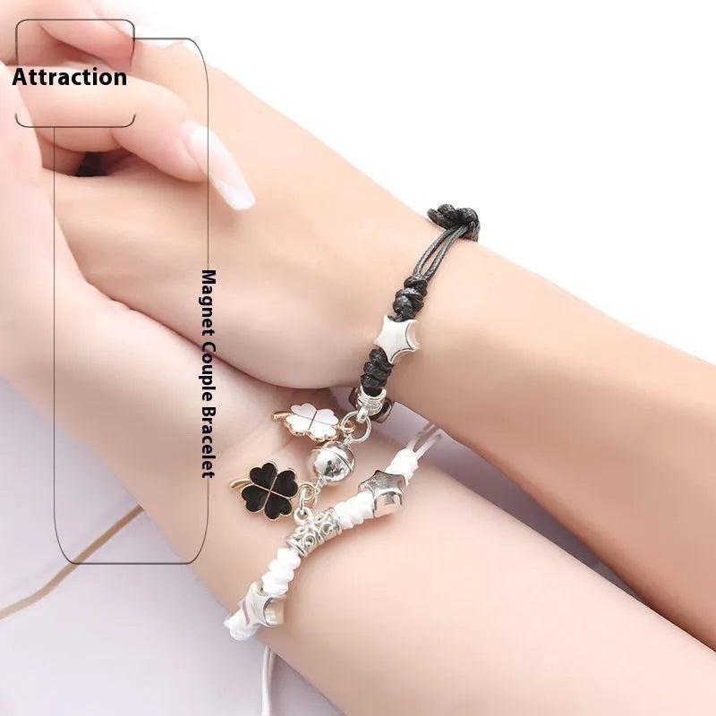 Pair of adjustable alloy magnet bracelets showing designs like a golden key lock, clover, and T5201314 code.