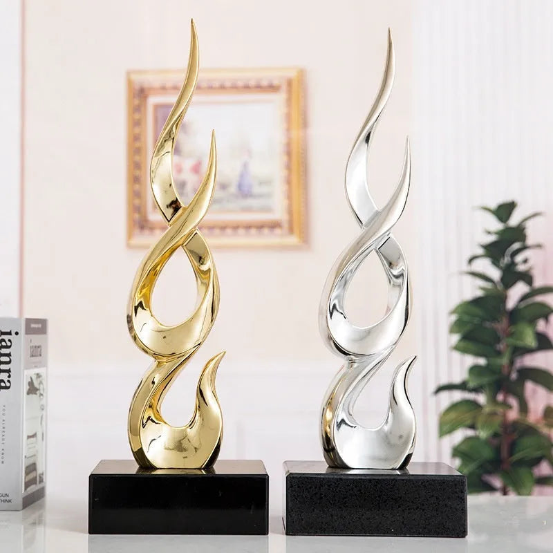 A selection of resin decorative ornaments in gold, silver, and gradient colours, showing Fire and High-rise style options.