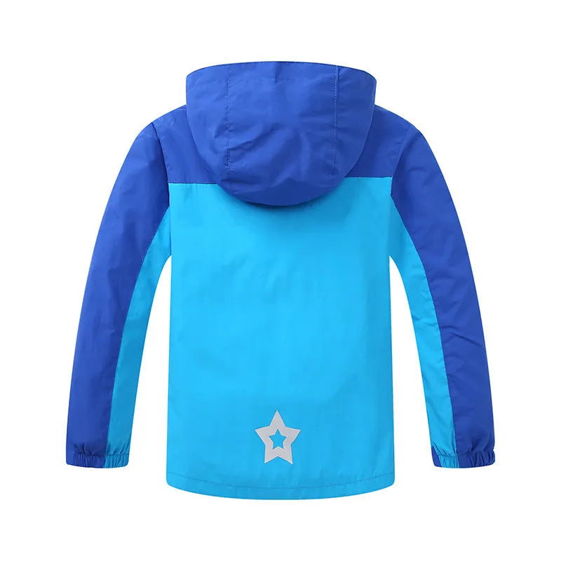 Blue lightweight boys' jacket with long sleeves and a zip, shown on a hanger.
