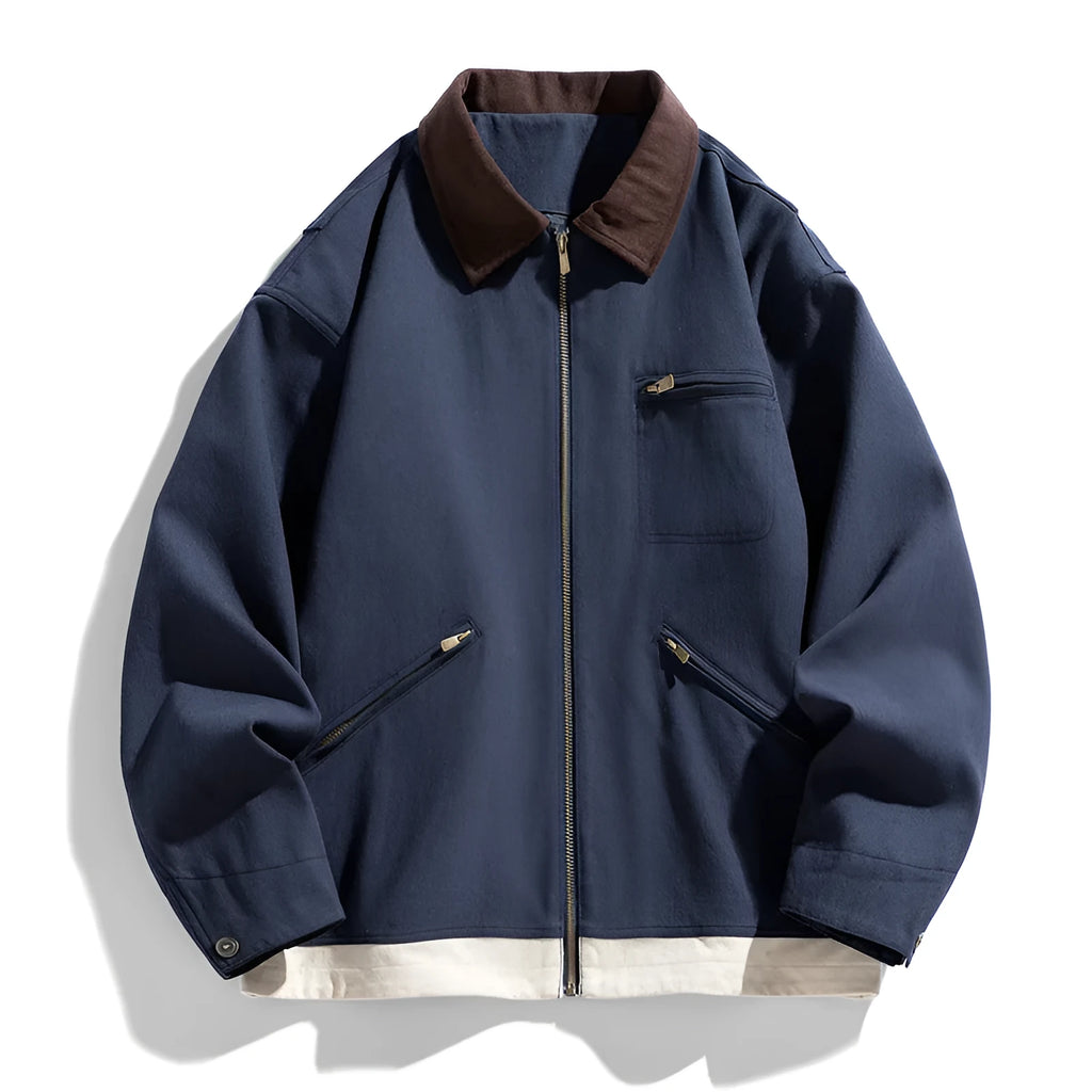 American retro style loose fit jacket with contrast lapels and side seam pockets