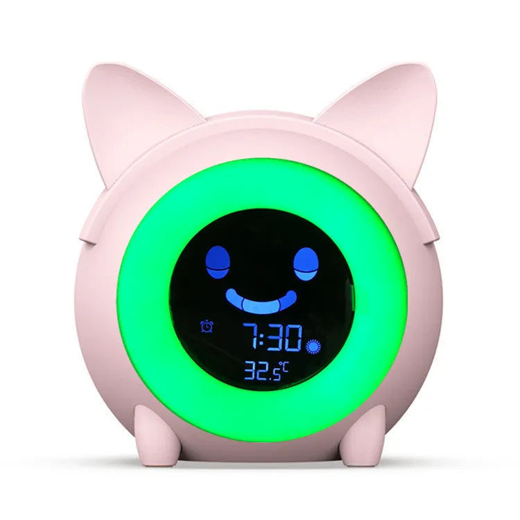 Round plastic LCD alarm clock with thermometer and luminous display, light blue colour